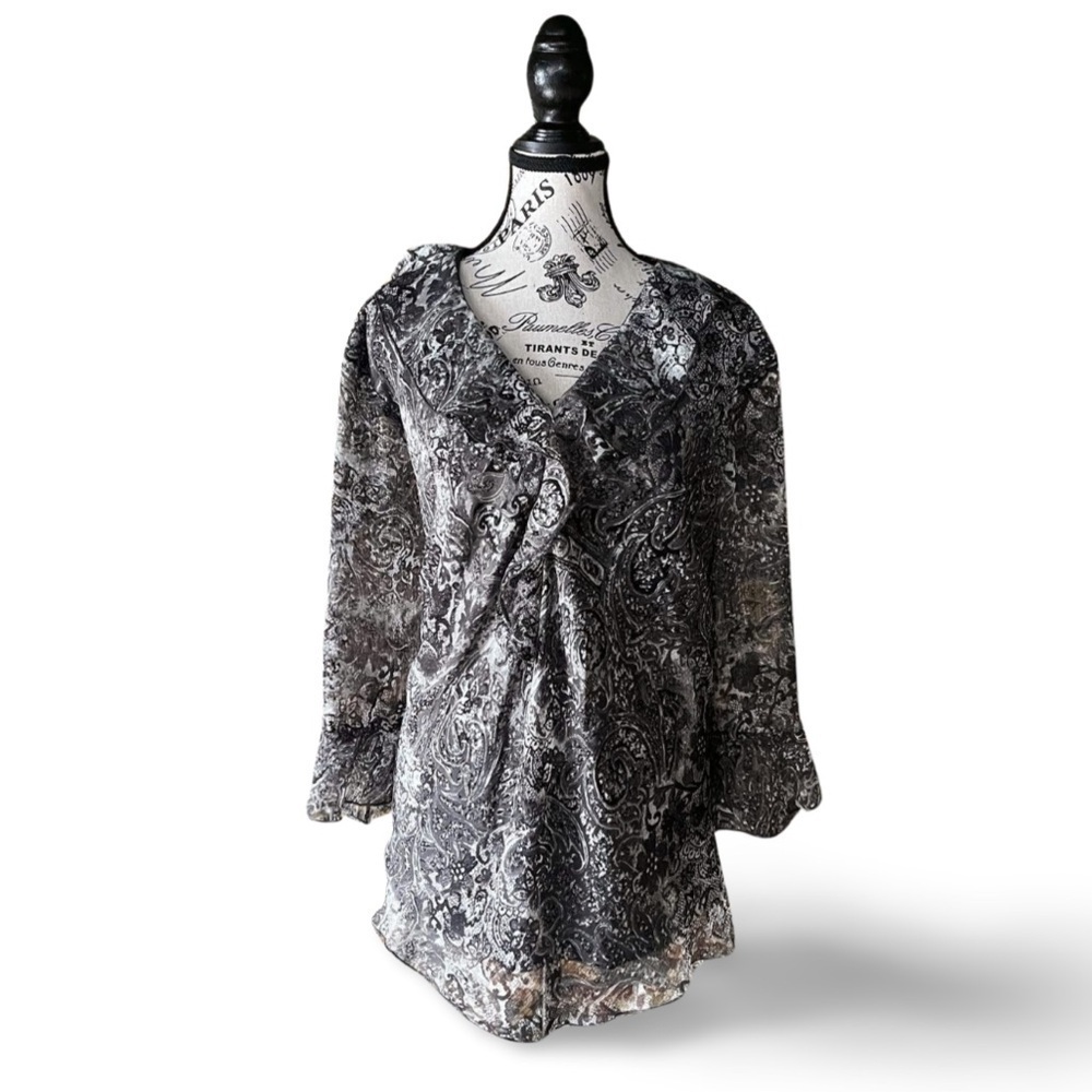 Black Paisley Ruffle Front Tunic Top Bell Sleeves Goth Witchy Mesh Sheer